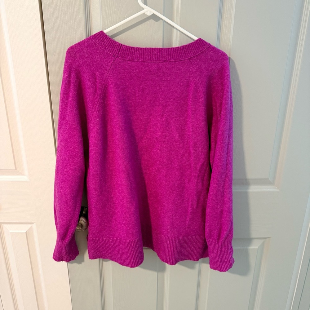 LOFT Women's Bright Magenta V-Neck Sweater - Picture 3 of 4